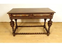 Table de milieu palissandre indo-portugaise bronze tiroirs XIXème siècle