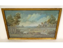 Gouache landscape scene hunting with hounds deer mill forest French school 18th