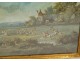 Gouache landscape scene hunting with hounds deer mill forest French school 18th
