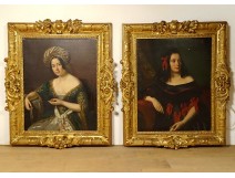 Pair large HST Joseph Vaudechamp portraits women quality carved frame