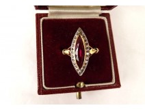 Marquise ring solid gold 18K ruby small pink diamonds PB 2.94gr XXth