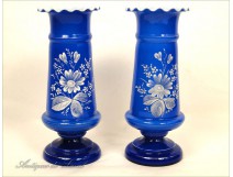 Pair of blue opaline vases Flowers NAPIII 19th