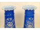 Pair of blue opaline vases Flowers NAPIII 19th