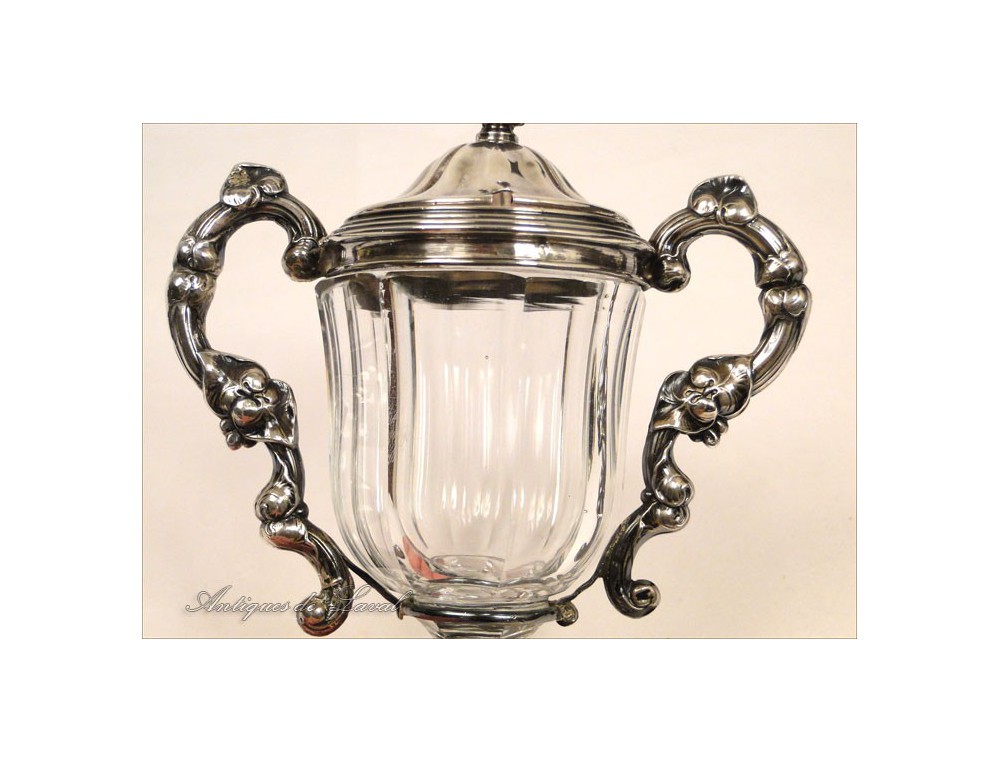 Moutardier Ancien Métal Argenté Et Cristal – Avec Cuillère – Poinçons, Occasion