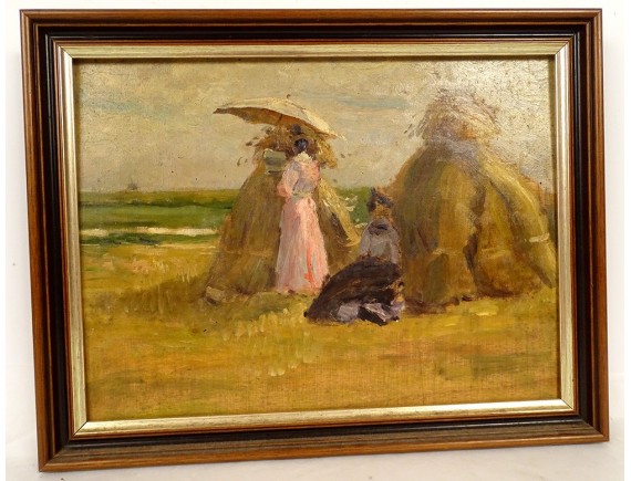 Peinture à L'huile Sur Panneau Bois 1900 - Paysage Impressionniste "Femme Au Puis Art"