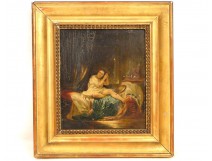 HSP Painting depicting a woman in the bathroom, with gilded wooden frame, nineteenth
