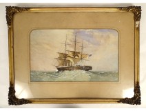 Marine watercolor boat ship three-masted English golden frame 19th century