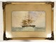 Marine watercolor boat ship three-masted English golden frame 19th century