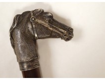 Old wooden cane with horse head pommel, solid German silver, 19th century