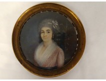 Painted miniature portrait young romantic woman Restoration 19th century