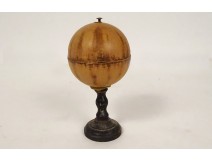 Small terrestrial globe old world map blackened wooden foot cardboard 19th century