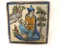 Ceramic tile Iznik Qajar Kadjar Persian Ottoman woman reading late 19th century