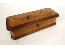 Glove box walnut marquetry birds swallows landscape late 19th century