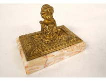 Gilt bronze paperweight sculpture bust of little girl cherub marble 19th century