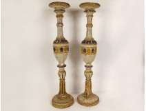 Pair of large polychrome carved wooden candlesticks 16th and 17th century candlesticks