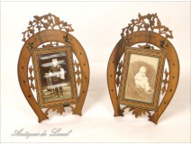 Pair of carved wooden frames straw marquetry Bird 19th