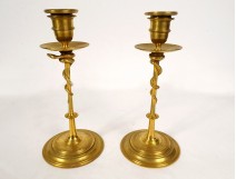 Pair of gilded bronze candlesticks with snakes Barbedienne Napoleon III 19th