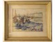 Watercolor A. Ravallec fishermen mending nets port Concarneau Brittany 20th century