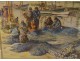 Watercolor A. Ravallec fishermen mending nets port Concarneau Brittany 20th century