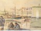 Watercolor A. Ravallec fishermen mending nets port Concarneau Brittany 20th century