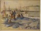 Watercolor A. Ravallec fishermen mending nets port Concarneau Brittany 20th century