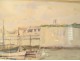 Watercolor A. Ravallec fishermen mending nets port Concarneau Brittany 20th century