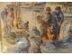 Watercolor A. Ravallec fishermen mending nets port Concarneau Brittany 20th century