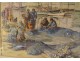 Watercolor A. Ravallec fishermen mending nets port Concarneau Brittany 20th century