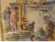 Watercolor A. Ravallec fishermen mending nets port Concarneau Brittany 20th century