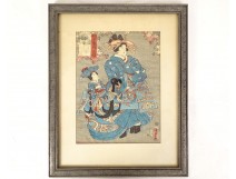 Japanese print Ukiyo-e Kuniyoshi courtesan Oiran Kamuro woman Edo 19th century