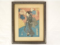 Japanese print Ukiyo-e Kuniyoshi courtesan Oiran Kamuro woman Edo 19th century