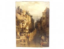 HST painting Auguste Mennessier animated city view Middle Ages North Belgium 19th