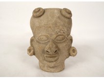 Fragment pre-Columbian sculpture man head Tumaco La Tolita terracotta