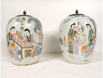 Pair of ginger pots Chinese porcelain women children landscape poem 19th