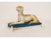 Small polychrome biscuit statuette sculpture lying dog early 20th century