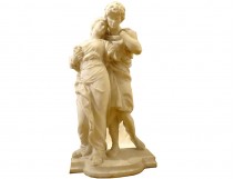 Large sculpture Georges Michel white marble couple characters flowers 19th century