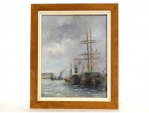 HSP marine painting boats sailboats port monogrammed landscape early 20th century