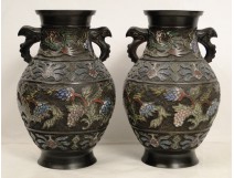 Pair of cloisonne vases with decoration of birds and flowers, Japan or China, nineteenth