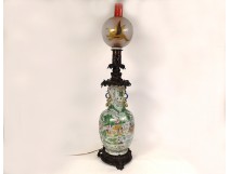 Large Chinese porcelain oil lamp landscapes dragons bronze ball 19th century