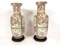 Pair of Chinese porcelain vases Canton characters birds butterflies 19th century