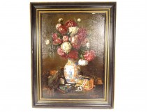 Large HST Georges Deully still life peonies vase jewelry box 1876