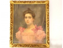 Large HST portrait of elegant woman Marguerite Jacquelin golden frame 19th century