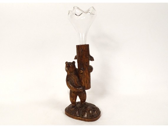 Salière verre Ours bois sculpté Art populaire Suisse Forêt Noire