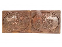 Pair of carved wooden panels Toilet Birth Venus de Vinci Servet 20th