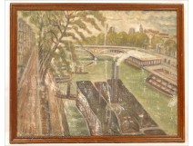 HST Vude Painting of Paris Seine Barges 20th