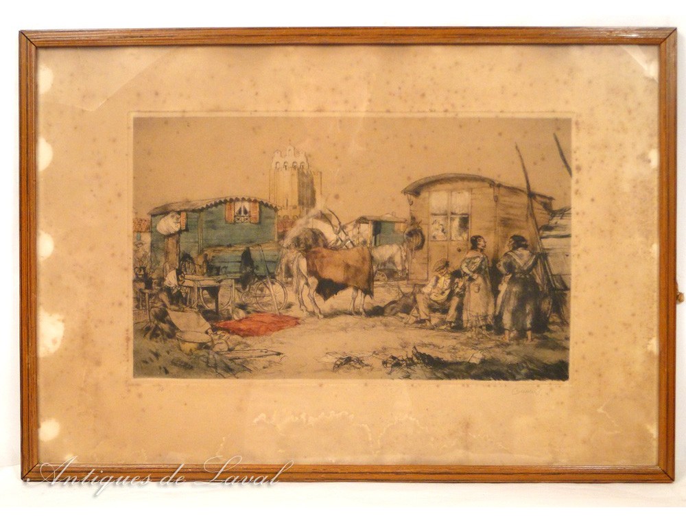 Gravure 1854 Campement de Bohémiens