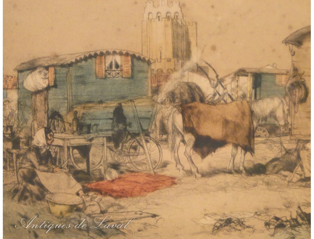 Gravure 1854 Campement de Bohémiens
