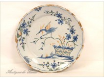 Earthenware plate from La Rochelle Bird Flower Cart 18th