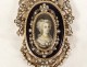 Miniature brooch silver enamel fine pearls portrait young woman knot 19th century