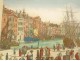 Watercolored optical view of the Port of Marseille, people, boat, Leizelt, 1778